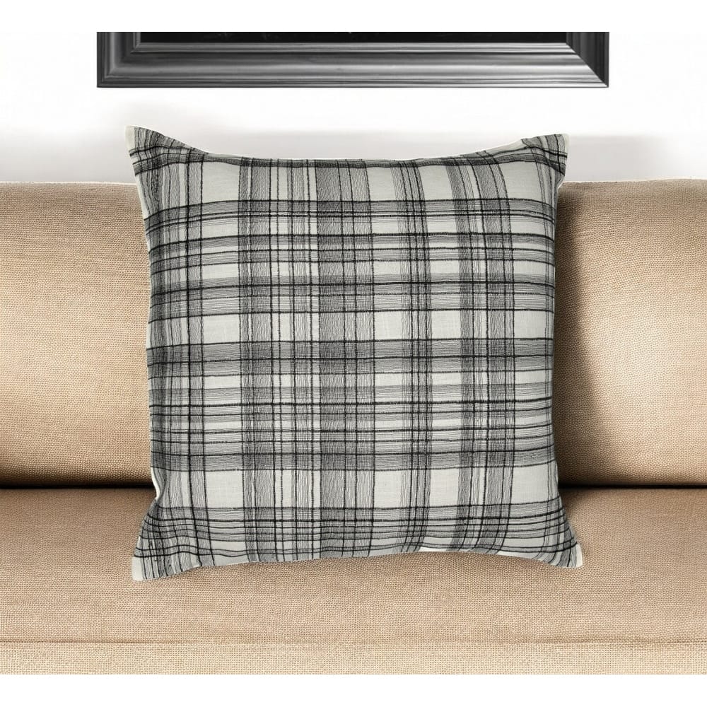 HomeRoots 20" White and Black Check Cotton Blend Throw Pillow With Embroidery
