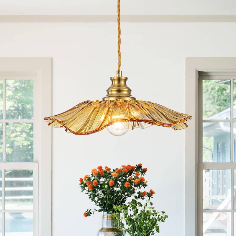 11" Flower-Shaped Red & White Gradient Glass Pendant Light Modern - Dia.11.02-in - Amber