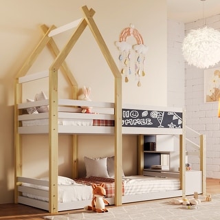 House Bunk Bed with Storage Staircase and Blackboard