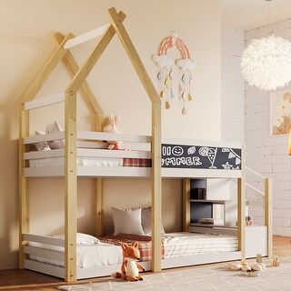 Twin Over Twin House Bunk Bed with Staircase and Blackboards Guardrail