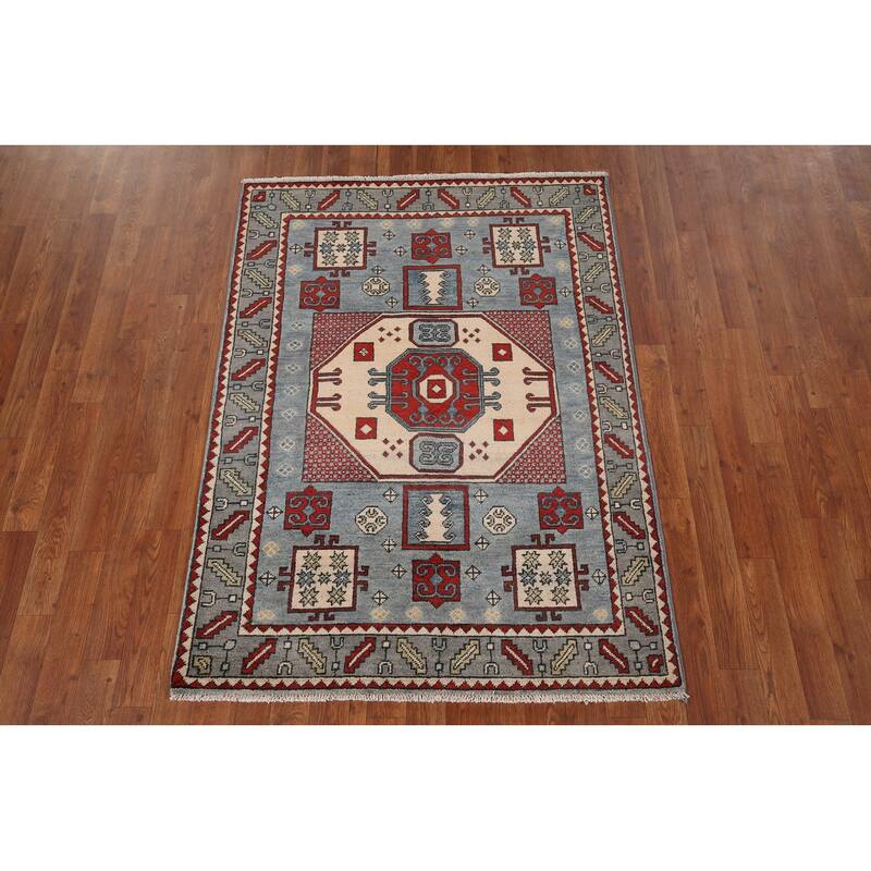 Blue Geometric Kazak Oriental Accent Rug Hand-Knotted Wool Carpet - 3'7" x 5'0"
