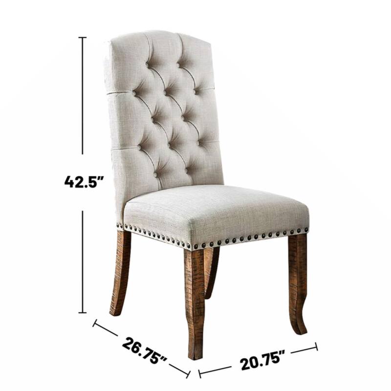 Set of 2 Ivory Fabric Upholstered Dining Chairs in Rustic Oak Finish