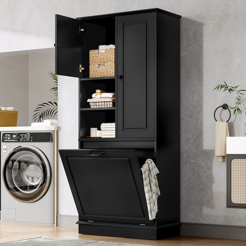 GDF Studio - Tommy Modern MDF Tall Storage Cabinet with Adjustable Shelves and Large Flip-Out Basket - Black