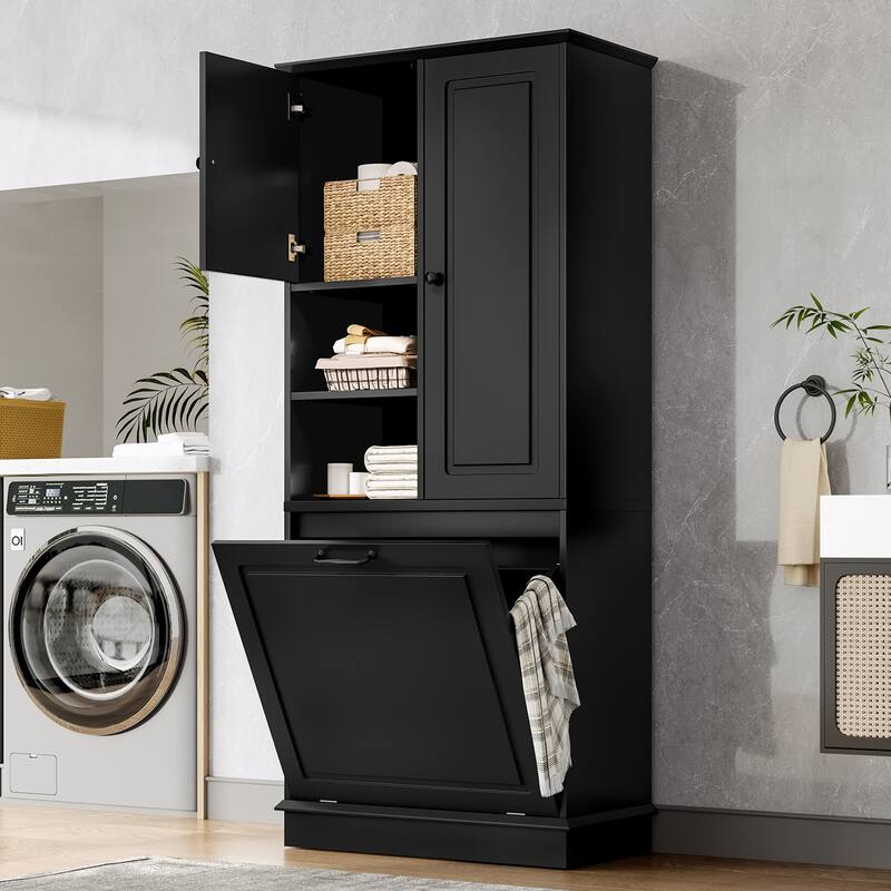 Tall Storage Cabinet with Adjustable Shelves, Large Flip-Out Basket & Enclosed Cabinets - Black