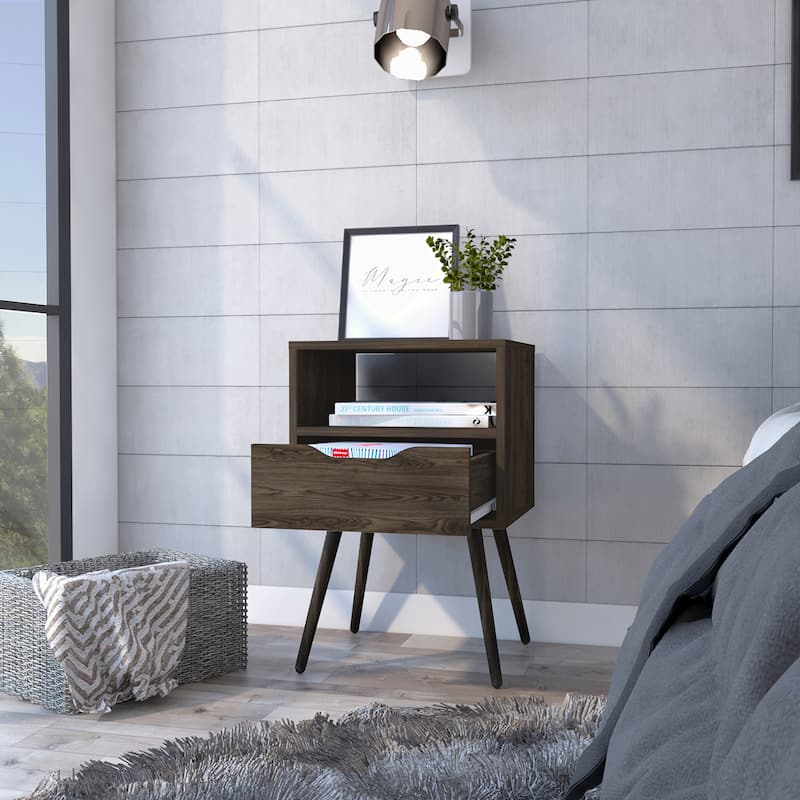 Superior Top Nightstand ,One Open Shelf, One Drawer, Four Legs - Brown