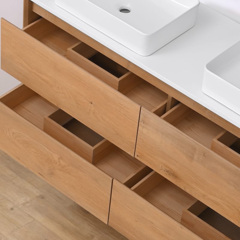 Sylphar 60 inch Toffee Oak Floating Bathroom Vanity with White Quartz Top