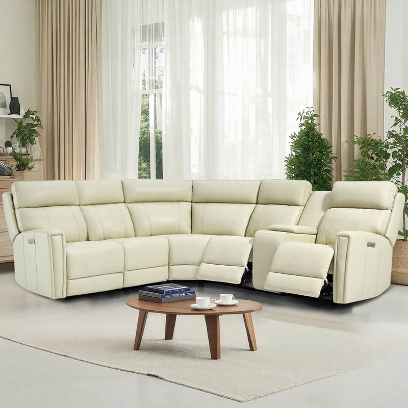 116" W L-Shaped Genuine Leather Power Reclining Sectional Sofa with Console, Ajustable Headrest, USB PortS, 1 Power Armlesschair - Cream
