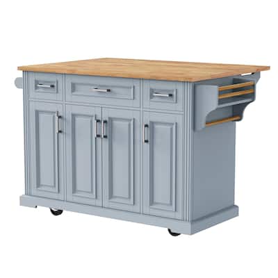 54inch Kitchen Island with Rubber Wood Drop Leaf, Embossed Texture Rolling Kitchen Cart on 4 Wheels with 4 Doors and 3 Drawers