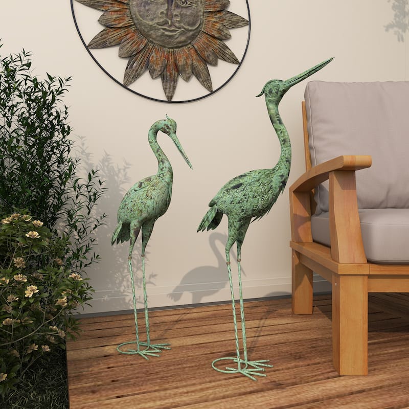 Metal Crane Indoor Outdoor Decorative Garden Sculpture with Coiled U Shaped Feet - Set of 2 Green - Roche River Decor