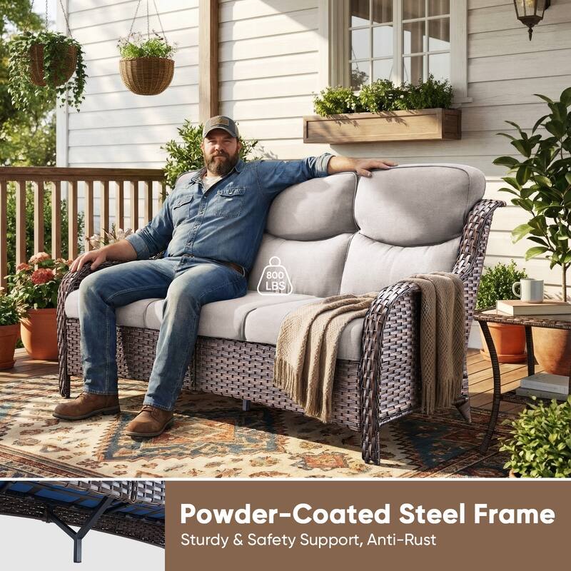 Pocassy Outdoor Propane Fire Table w/ Sofa Swivel Chair Ottoman Funiture Set.