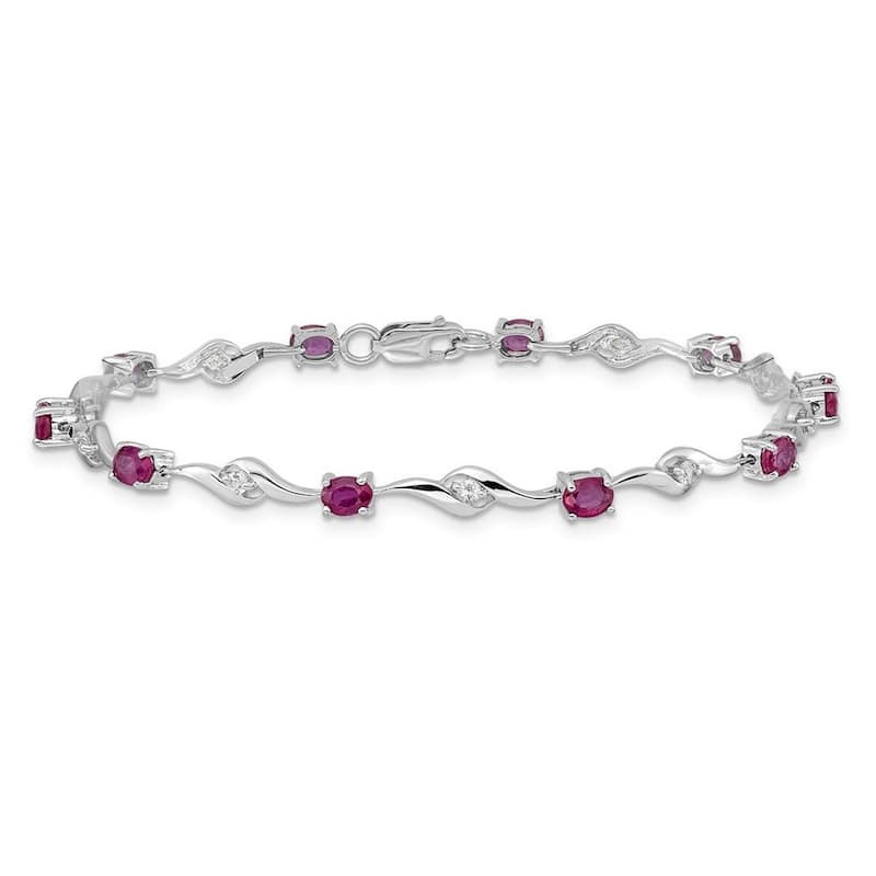 Curata 14k White Gold White Sapphire and Composite Ruby Gemstone Bracelet