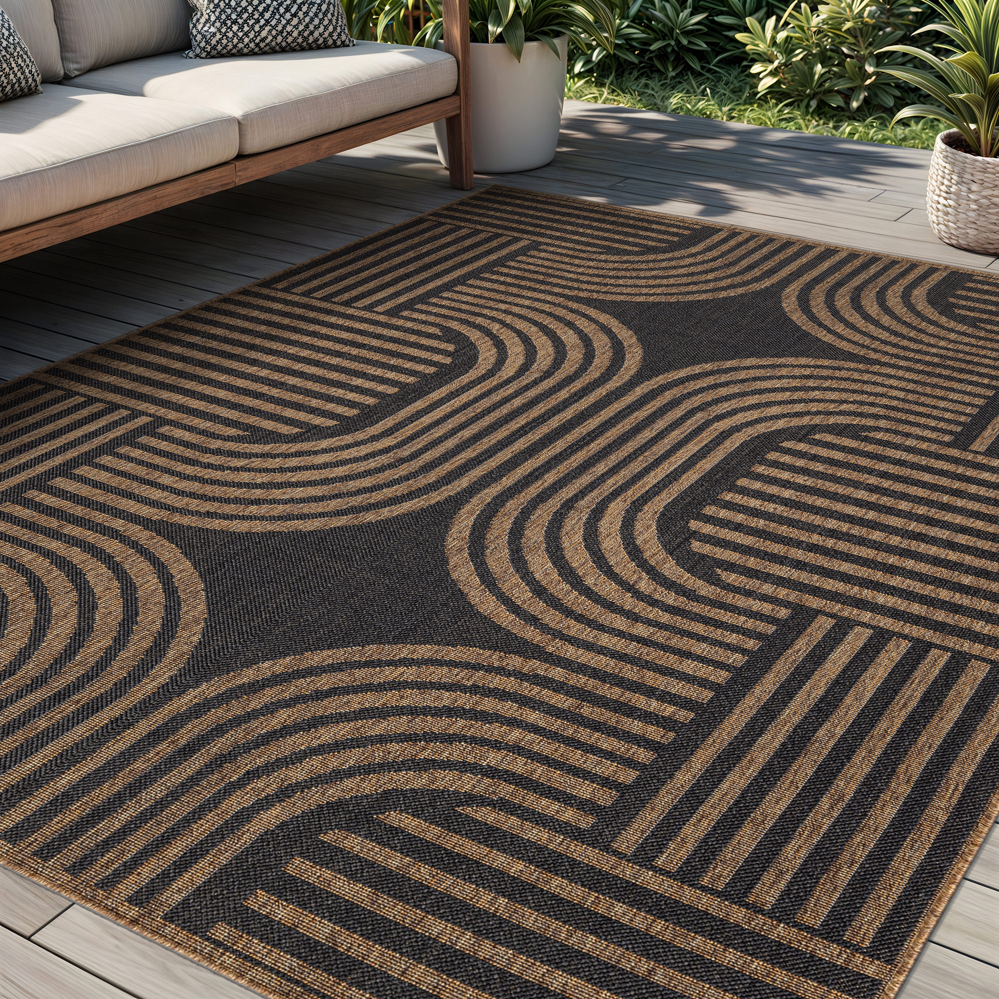 World Rug Gallery Geometric Indoor/Outdoor Flat Woven Area Rug - Natural Jute-Style, Easy-Care Patio Rug for Balcony Patio Deck