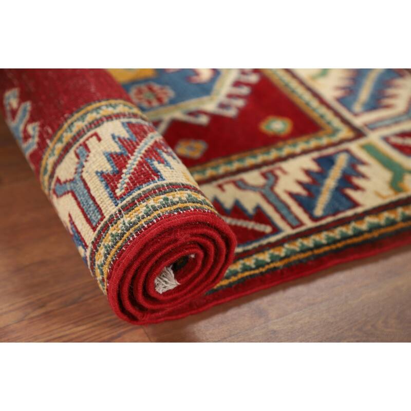 Geometric Red Kazak Foyer Rug Hand-Knotted Wool Carpet - 2'8" x 4'1"