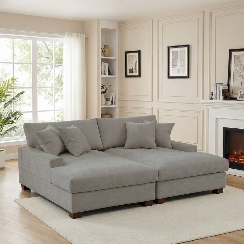 2 Set Chenille Upholstered Modular Sectional Sofa Chaise with Pillows - Grey-2 Chaise - Symmetrical