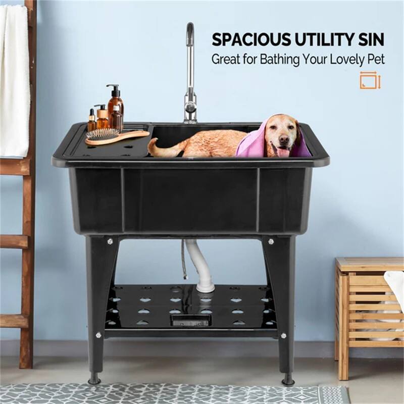 Utility Washing Room Sink Laundry Tub with Faucet & Shelf & Drainboard Black - 22.4"D x 32.3"W x 29.9"H