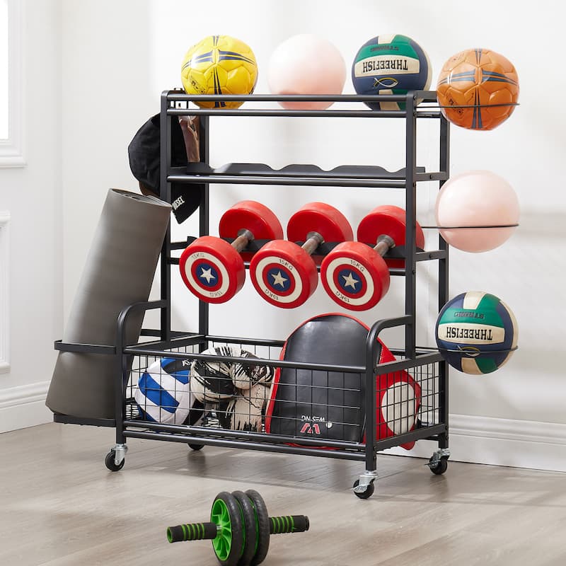4-Tier Metal Basketball Sports Equipment Organizer with Rolling Wheels