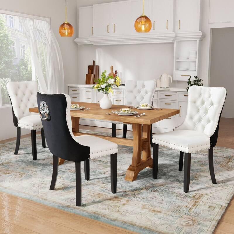 Tufted Naliheads Solid Wood Upholstered Dining Chairs (Set of 4) - WhiteBlack BlackLegs