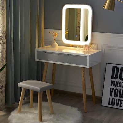 Vanity Table Set with Adjustable Brightness Mirror and Cushioned Stool, Dressing Table Vanity Makeup Table