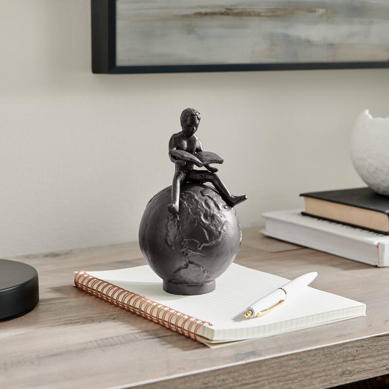 Brown Cast Iron Boy Reading on Globe Sculpture - Tabletop Desk Ornament or Decorative Paperweight