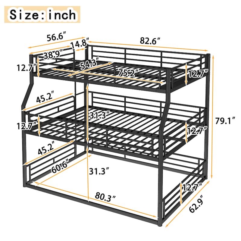 Full XL over Queen over Queen Bunk Bed, Metal Triple Bunk Bed with Safety Guardrails, Bunk Bed with Noise-reduced Design