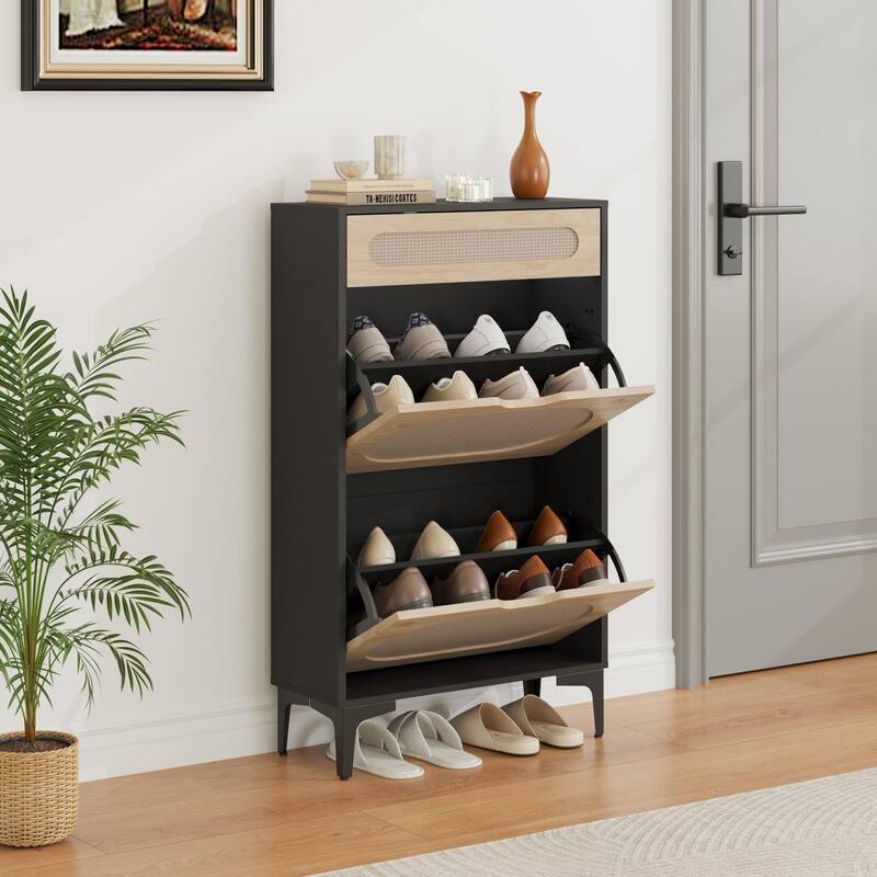 Shoe Cabinet, Rattan Shoe Storage With 2 Flip Drawer and 1 Pull-Out Drawer, Heavy Duty Metal Leg - Black