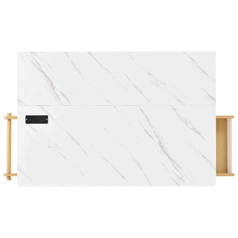 Fluted Kitchen Island with Drop Leaf, Power Outlet, Adjustable Shelves, 2 Doors and 2 Drawers, Rolling Kitchen Storage Cart