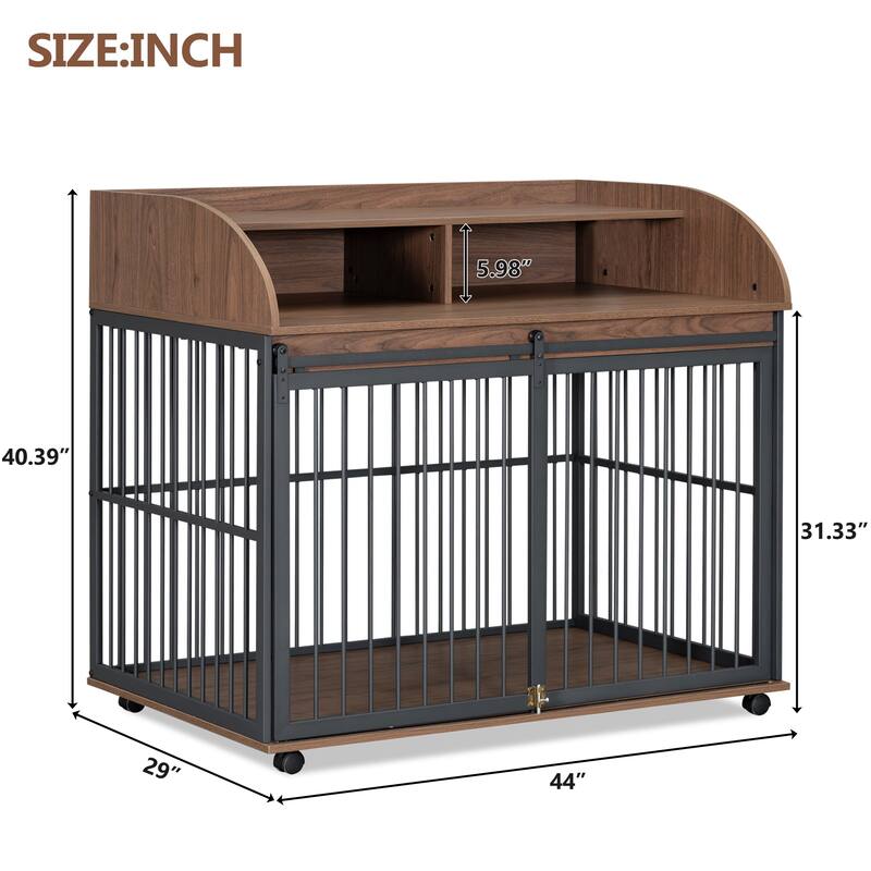 44" Large Dog Crate Furniture, Wooden Dog Crate End Table Crate with Double Layer Storage