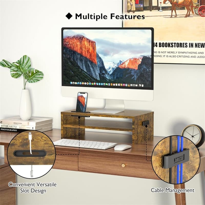 2-Tier White Wood Monitor Stand