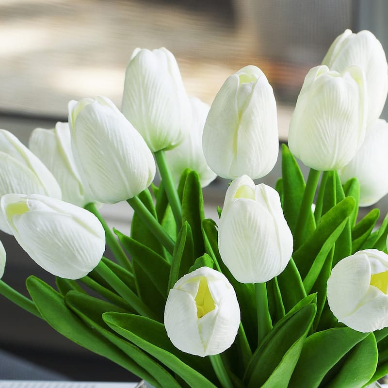 Enova Home Artificial 20 Heads White Real Touch Tulips Fake Silk Flowers Arrangement in Clear Glass Vase for Home Office Decor
