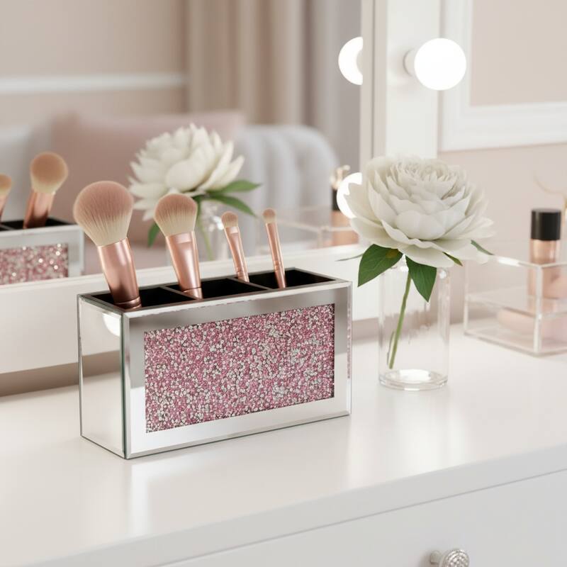7" Pink And Silver Mirrored Glass Three Section Jewelry Organizer With Faux Crystals - Silver/Pink