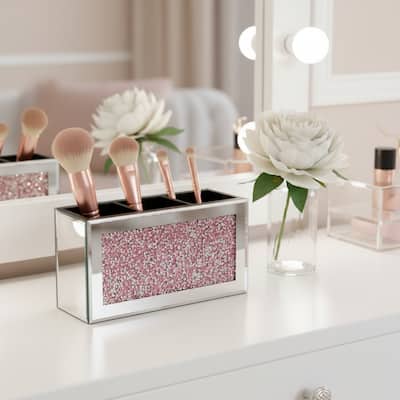 7" Pink And Silver Mirrored Glass Three Section Jewelry Organizer With Faux Crystals
