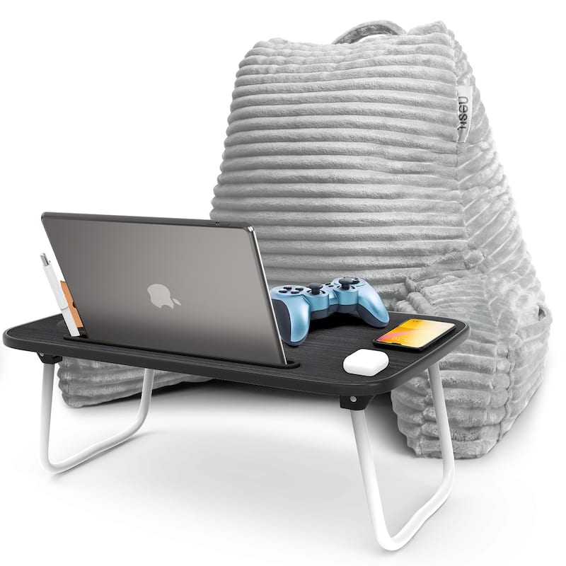 Nestl Cut Plush Reading Pillow with Portable Lap Desk Stand for Laptop - Shredded Memory Foam Back Support Bed Rest Pillow - Medium - Silver