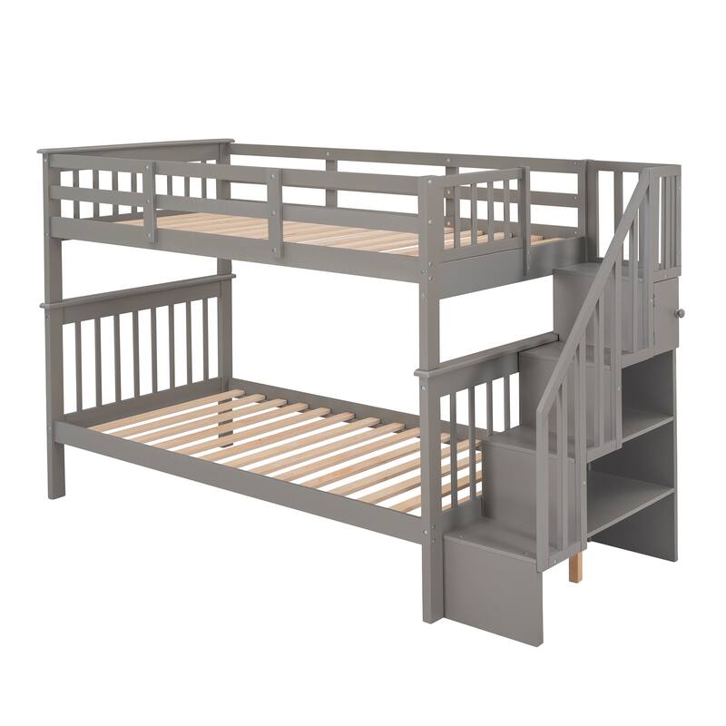 Space-Saving Twin Bunk Bed with Staircase Storage and Safety Guardrails, Gray