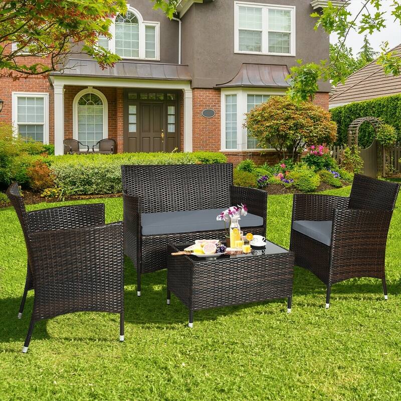 Rattan Patio Conversation Furniture Set with Glass Table and Comfortable Sofa - 4 Pcs