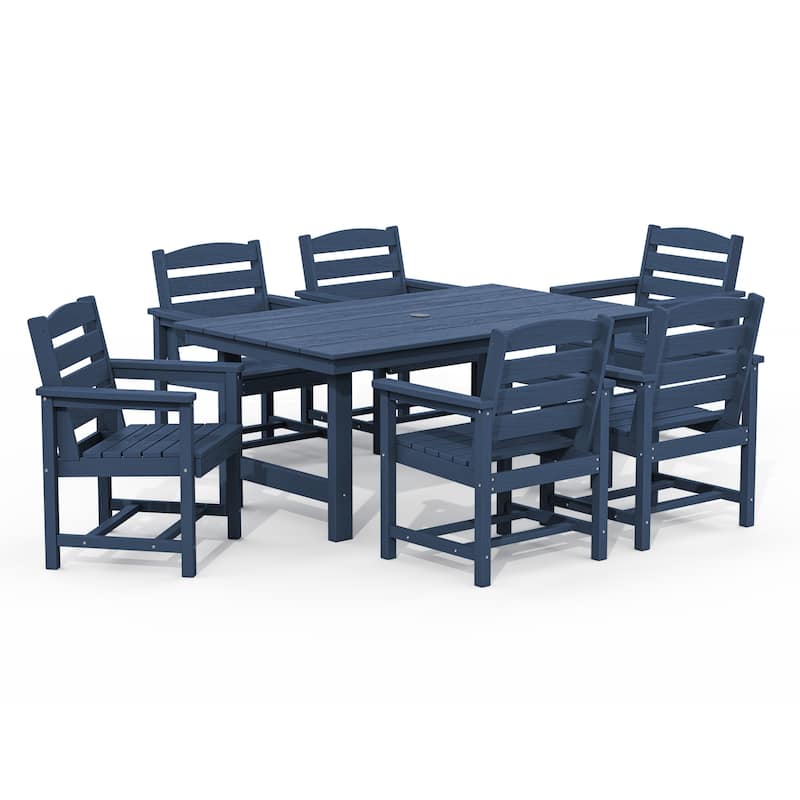 7-Piece HDPE Outdoor Dining Table Sets with Umbrella Hole - 1-Table 6-Chairs - Navy Blue