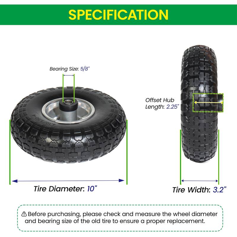 10-Inch 4.10/3.50-4 Solid Flat-Free Tire & Wheel, 5/8" Bearings, Heavy Duty for Wheelbarrows, Hand Trucks, Carts (Set of 2)