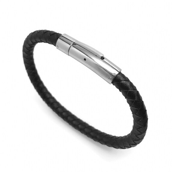 Loralyn Designs Mens Black Leather Bracelet Braided Stainless Steel Locking Clasp (7 - 9 Inch)