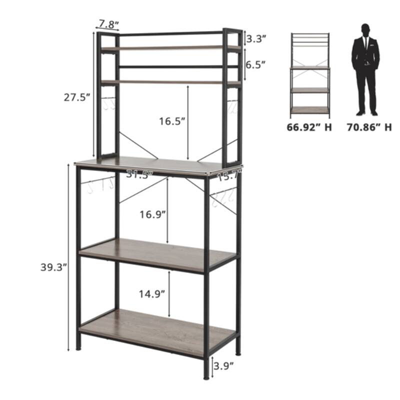 5-Tier Kitchen Bakers Rack with 10 S-Shaped Hooks, Industrial Microwave Oven Stand, Cart Storage Shelf Organizer