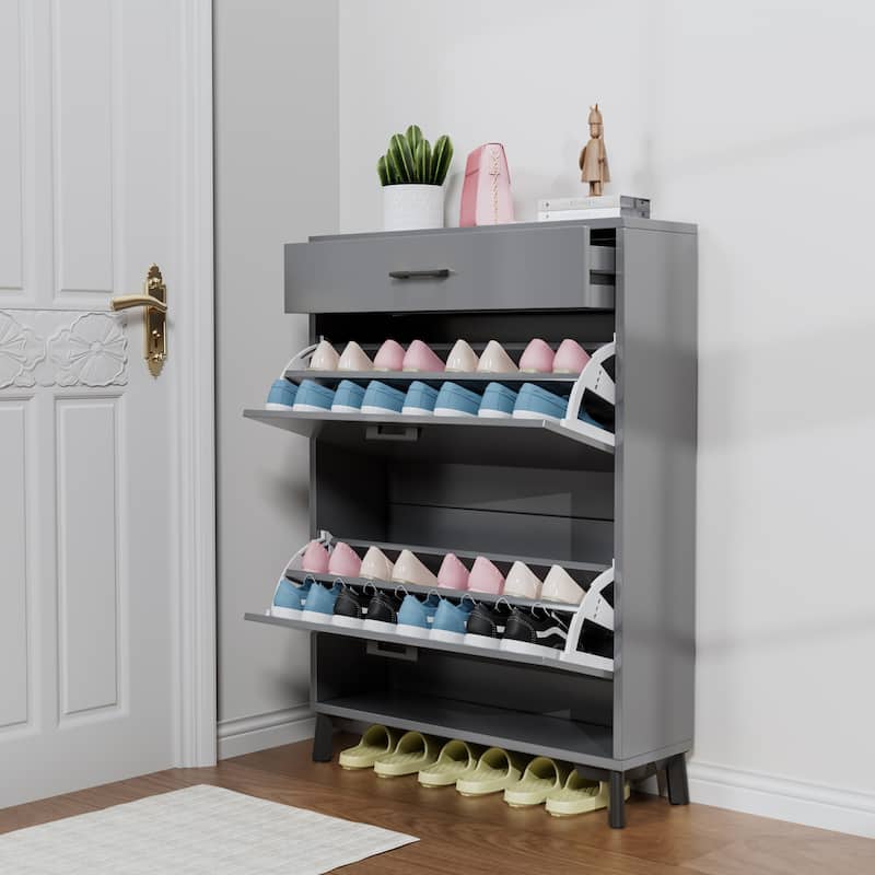 Anmytek Pull Out Shoe Cabinet Tiered Storage Organizer for Entryway Closet Bedroom