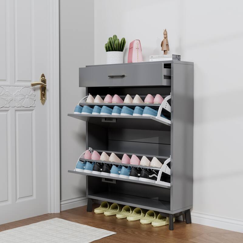 Shoe Storage Cabinet for Entryway, Free Standing Shoe Organizer with 2 Flip Drawers