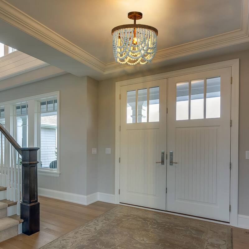 Renia 14.5'' Beaded Wood 3-light Semi-flush Mount Gold Draped Ceiling Lights with Hemp Rope Bedroom Hallway Foyer