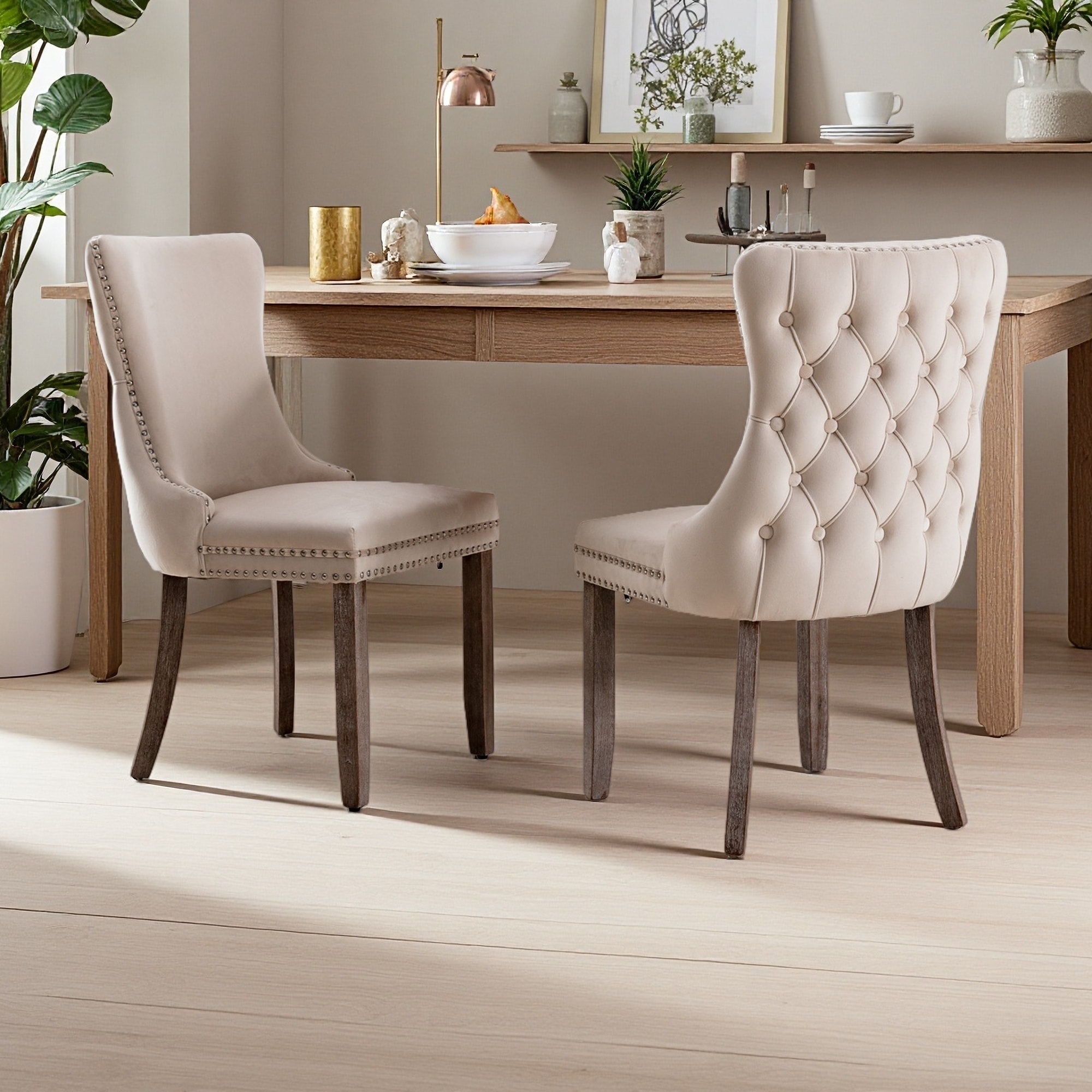 37.4"H Set of 2 Upholstered Wing-Back Dining Chairs with Nailhead Trim, High Backrest & Wood Legs -High-Density Foam Cushion