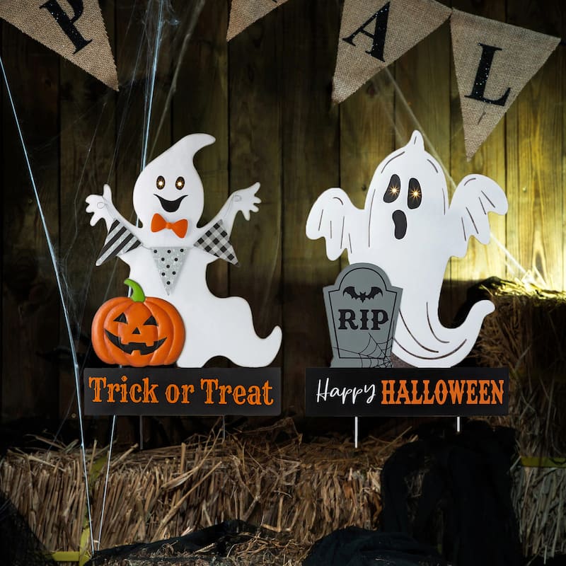 Glitzhome 32"H Halloween Metal Ghost Yard Stake with LED Lights Holiday Wall Decor