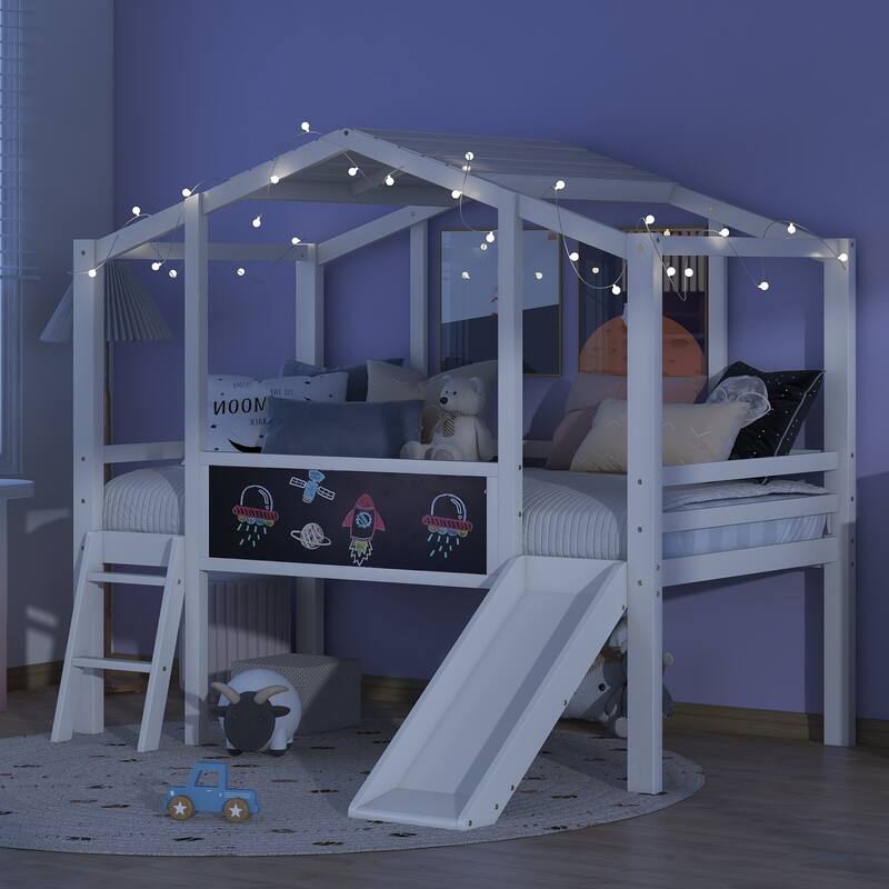 Loft Bed with Ladder and Slide, House Bed with Blackboard and Light Strip on the Roof - White