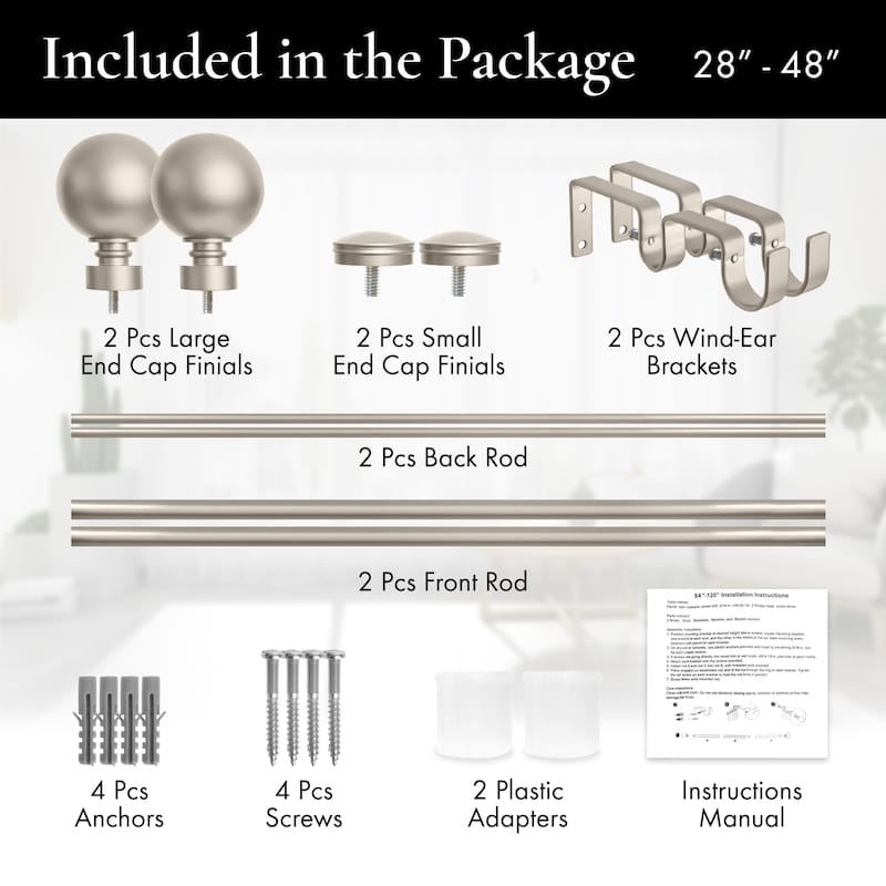 Meriville 1-Inch Diameter Steel Ball Double Window Curtain Rod with Norwood End Cap Finial