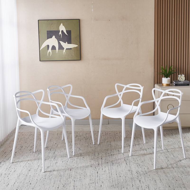 Plastic Dining Chairs Set of 4, Transparent Design Modern Kitchen Office - White
