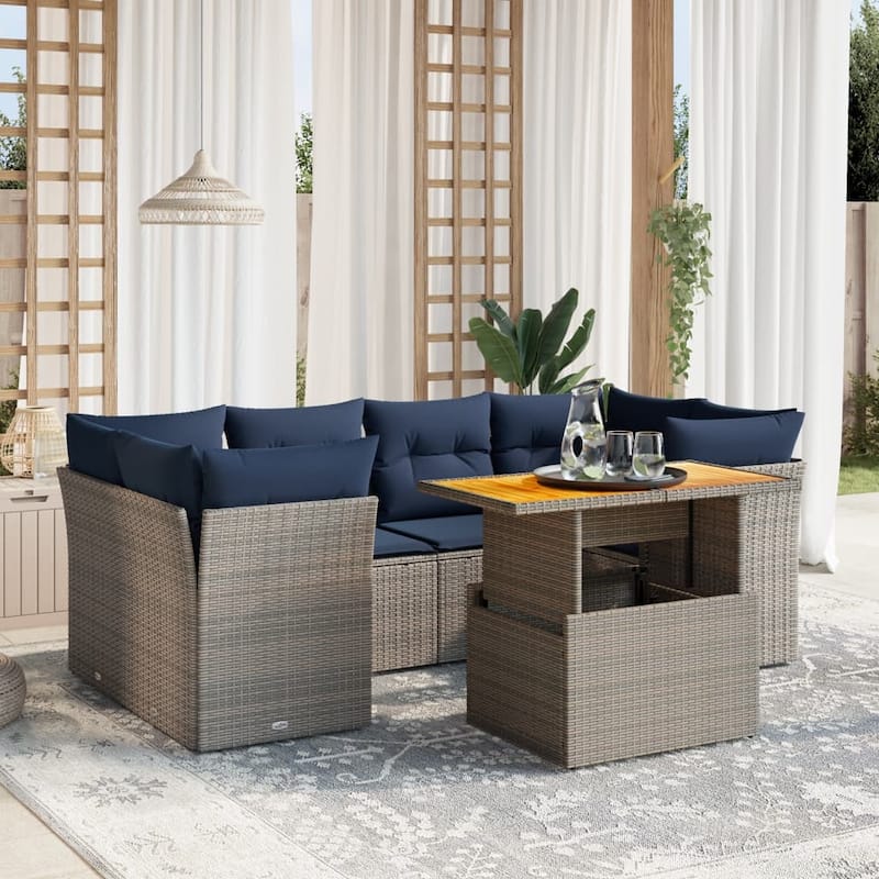 vidaXL 7 Piece Patio Sofa Set with Cushions Gray Poly Rattan - 24.4" x 24.4" x 27.2"