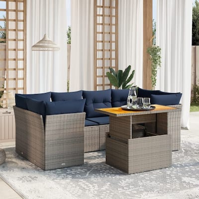 vidaXL 7 Piece Patio Sofa Set with Cushions Gray Poly Rattan - 24.4" x 24.4" x 27.2"