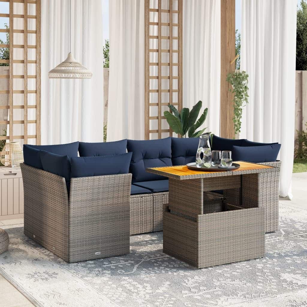 vidaXL 7 Piece Patio Sofa Set with Cushions Gray Poly Rattan - 24.4" x 24.4" x 27.2"