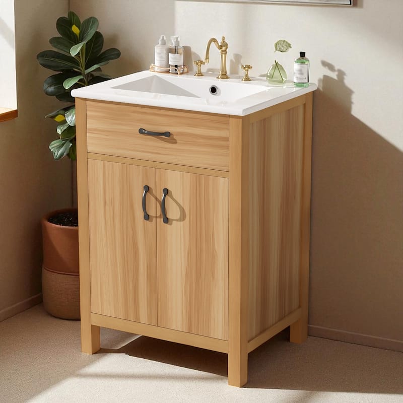 24'' Bathroom Vanity with Ceramic Sink, Solid Wood Frame, Flip Drawer, 2 Soft-Close Doors & Adjustable Shelf - Acacia Wood